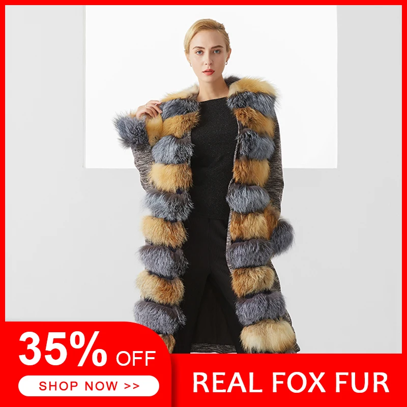 

Winter Fox Fur Coat Women Luxury Elegant Long Gray Brown Color Single Breasted Casual Warm Real Fox Fur Coat Plus Size