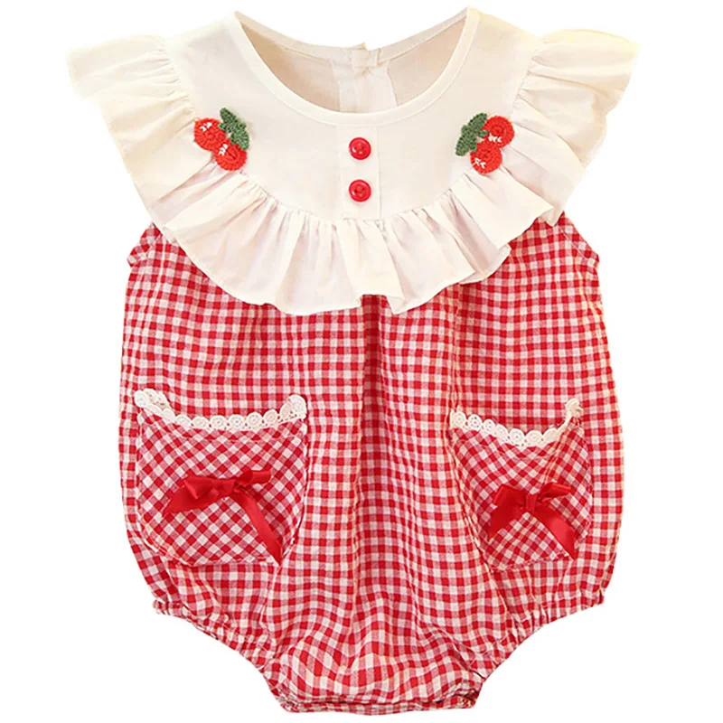 Одежда для маленьких девочек Летние комбинезоны с вышивкой клубники Одинаковая