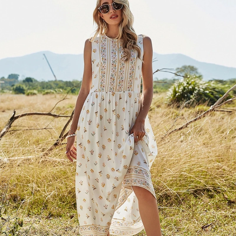 

Женское длинное платье без рукавов, с круглым вырезом и высокой талией