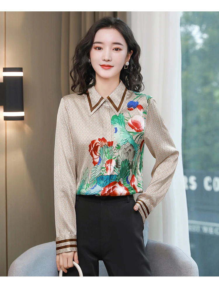 

Spring Long-sleeved Women Blouse Retro Printing Top PoloShirt The New Fashion Casual Lapel Wire Loose Lady Blusas