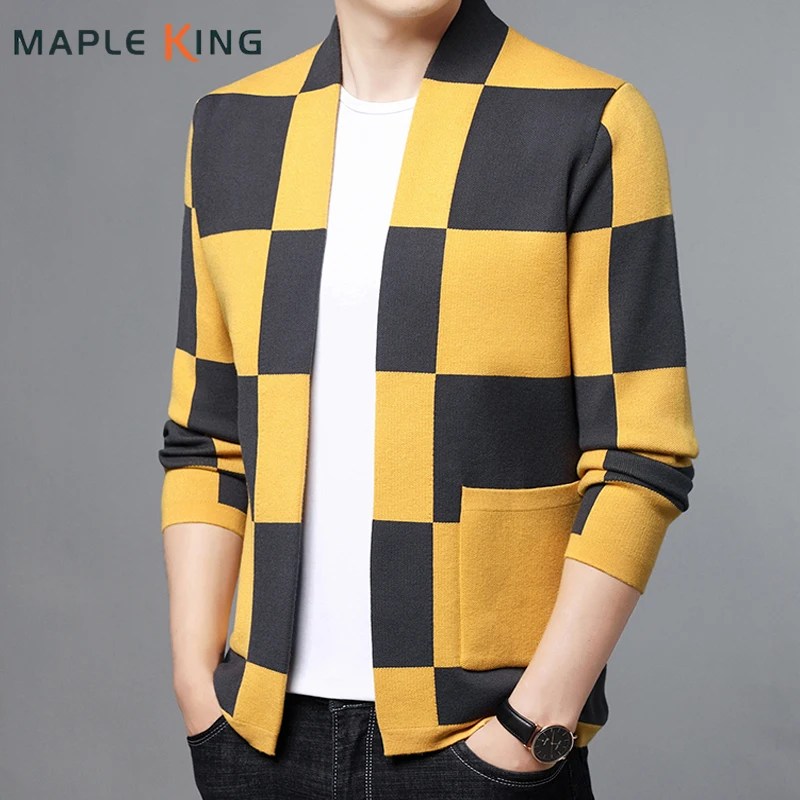 

Винтажный клетчатый кардиган, мужские свитеры, куртки, Осень-зима 2022, мужской облегающий деловой и офисный теплый вязаный свитер