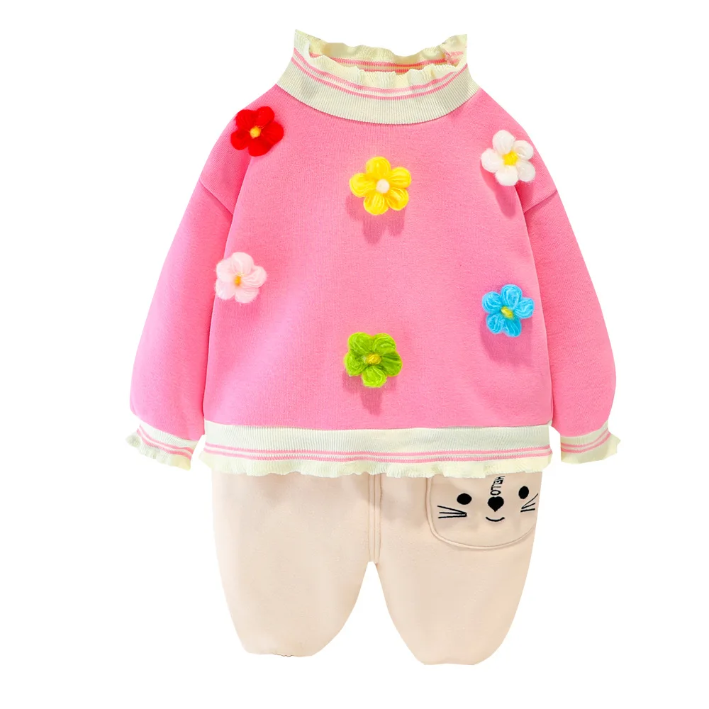 

Girls Flower Suit Top + Pants Autumn Winter Plus Velvet Thick 2 Piece Suit 0-4 Years Old Female Baby Warm Long-sleeved Girl Suit