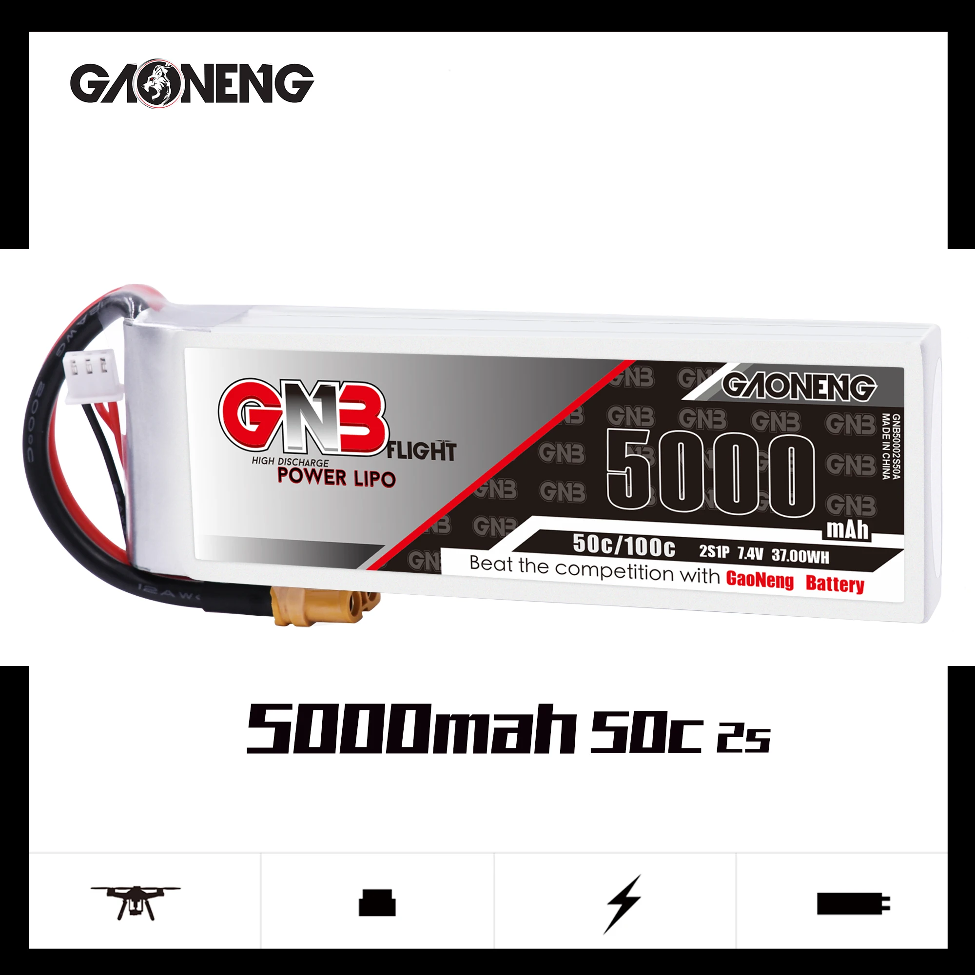

Литий-полимерный аккумулятор Gaoneng GNB 5000 мАч 7,4 В 2S1P 50C/100C с разъемом T XT60 для радиоуправляемых вертолетов самолетов радиоуправляемых автомоби...