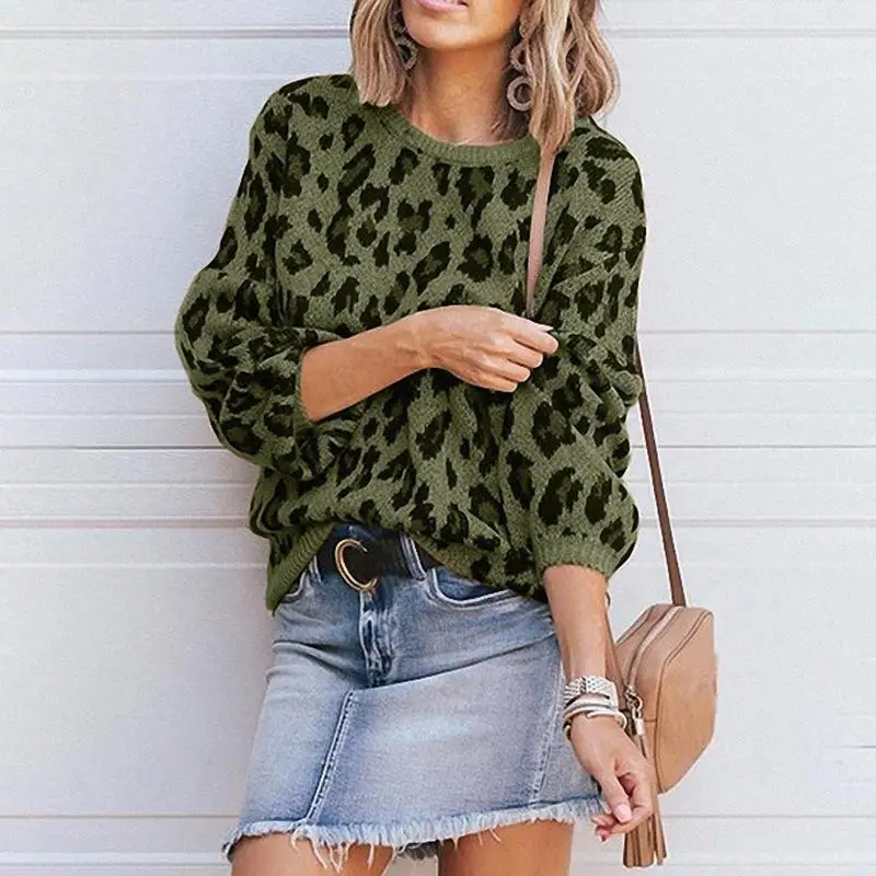 

Women Sweaters Leopard Grain Pullovers European American Style Long Sleeve Casual Sweater Loose Knitted Jumpers Sweater