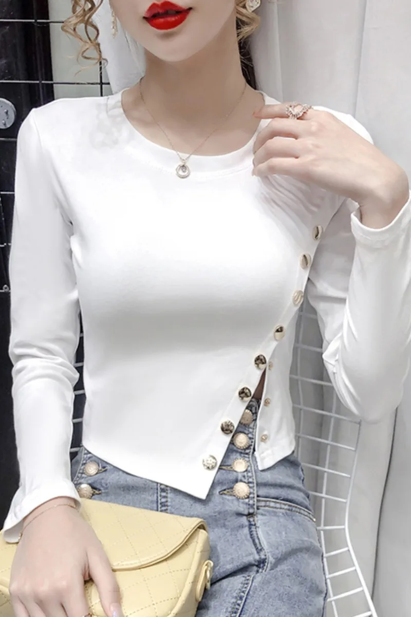 

Fashion Irregular Breasted Design Slim T-shirt Women 2021 Spring New Long Sleeve O-neck Crop Top Lady All-match Bottoming TShirt