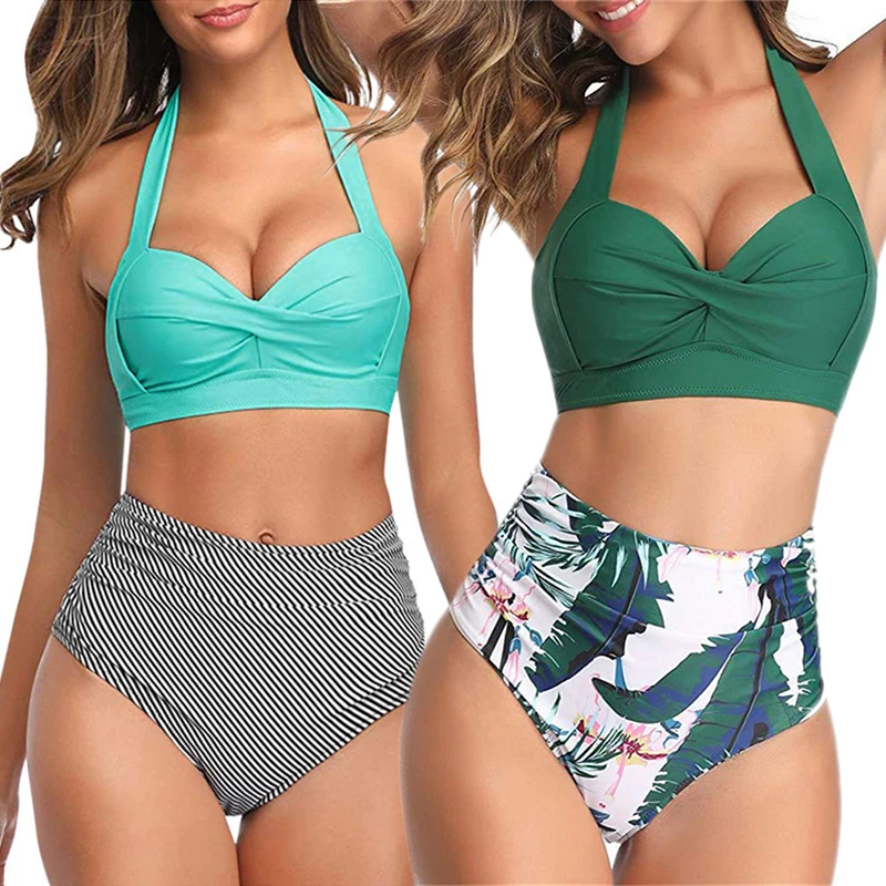 Модный купальный костюм из двух предметов женский бикини с высокой талией и