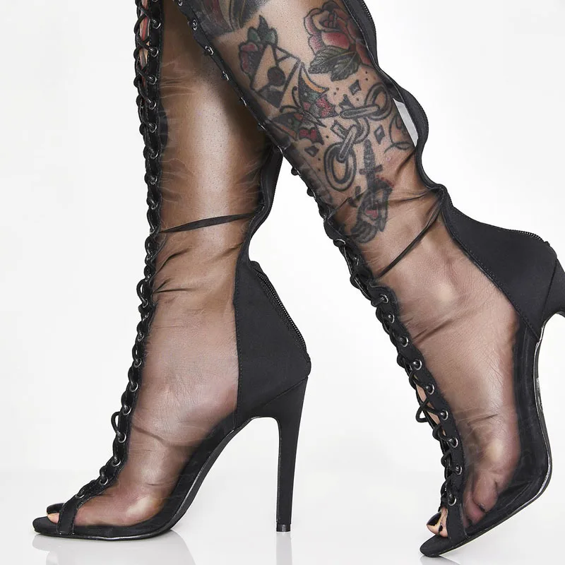 Новинка черные сетчатые сандалии женские ботфорты на высоком каблуке с открытым