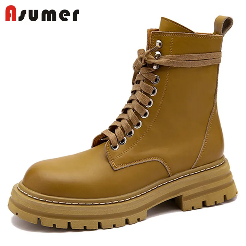 

Asumer Newest Genuine Leather Boots Women Casual Shoes Cross Tied Zip Autumn Flat Shoes Fashion Cool Vintage Ankle Boots Women