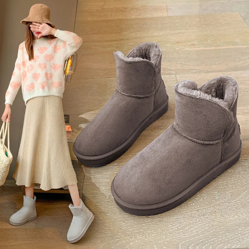 

2022 Artificial Wool Round Head Goat Grey Low Tube Flat Heel Lovely and Comfortable Warm Snow Boots Flat Bottom Thickened Plush