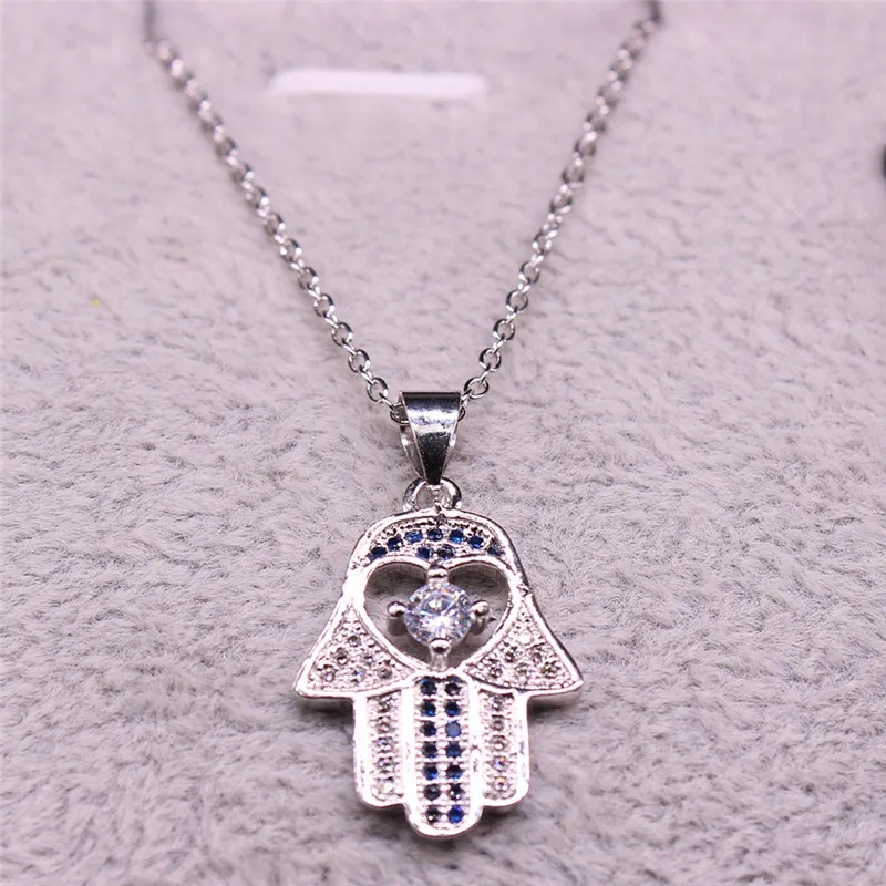 

2021 New Hamsa Hand Zirconium Copper Chain Necklace for Women Islam Silver Color Necklace Jewellery collier femme N2626S04