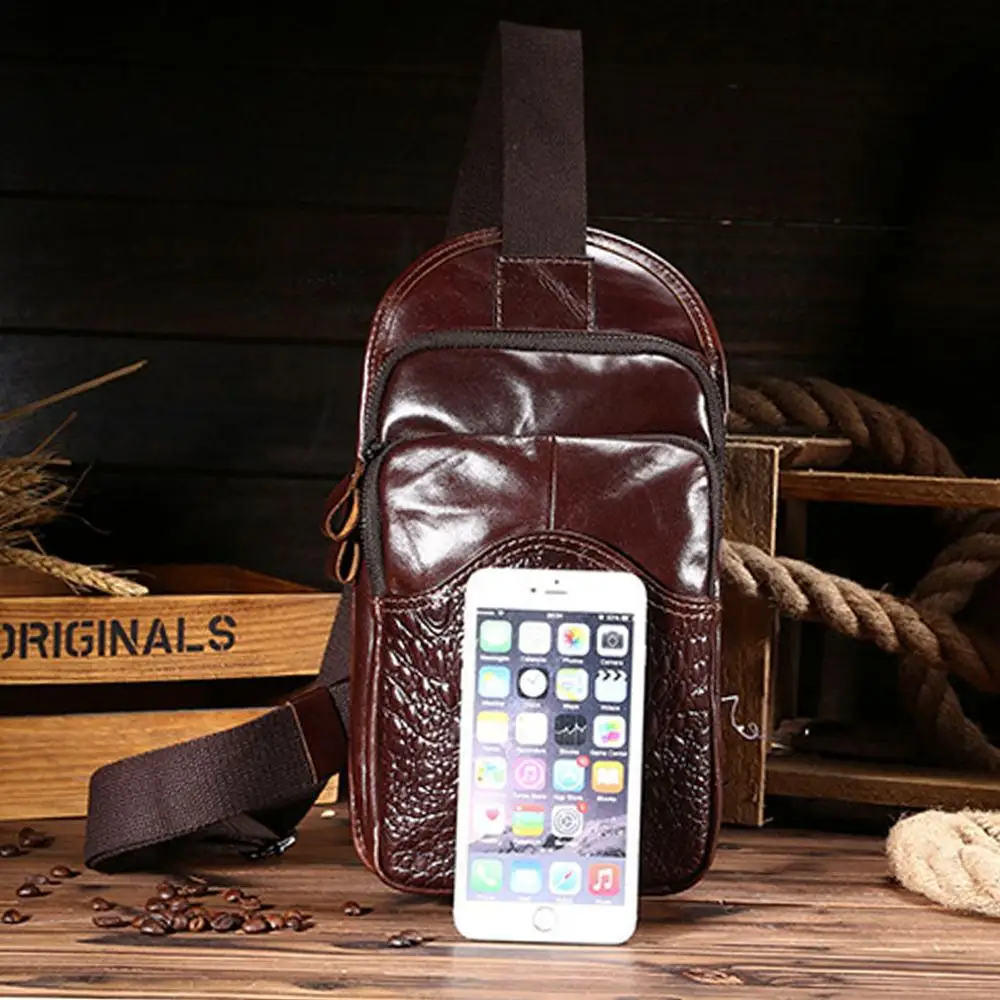 

Vintage Men Oil Wax leather First layer Cowhide Crocodile Grain Pattern Travel Shoulder CrossBody Messenger Sling Pack Chest Bag