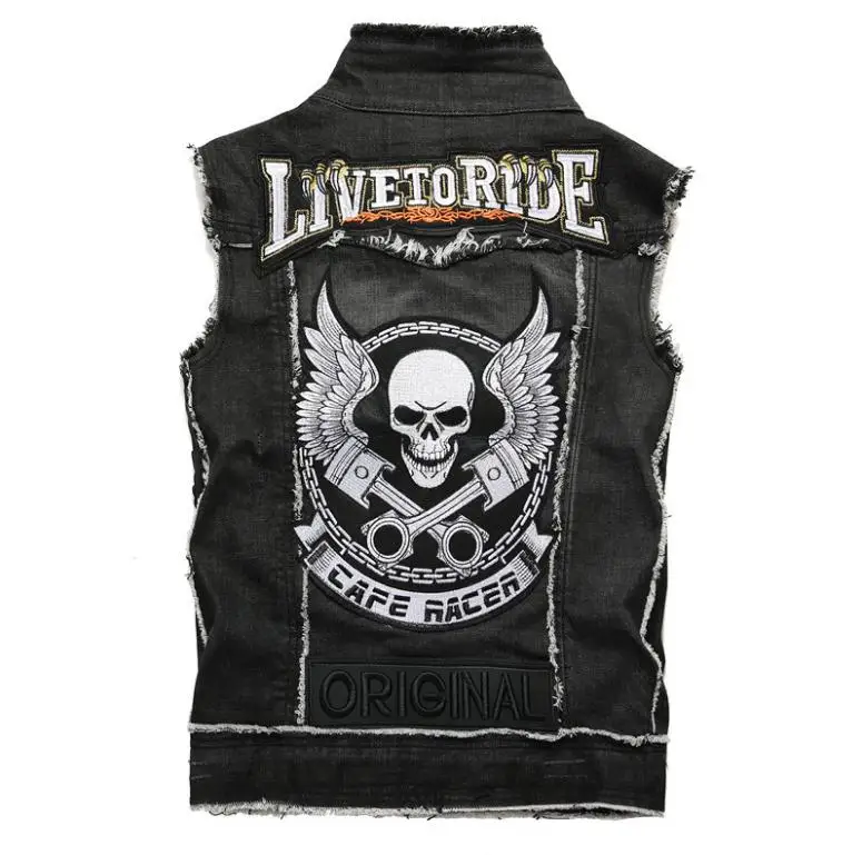 Мужской джинсовый жилет в стиле панк черная Джинсовая безрукавка с вышивкой