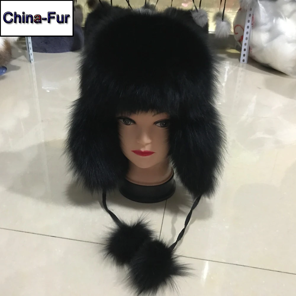 Зимняя теплая шапка бомбер из натурального Лисьего меха женские пушистые шапки