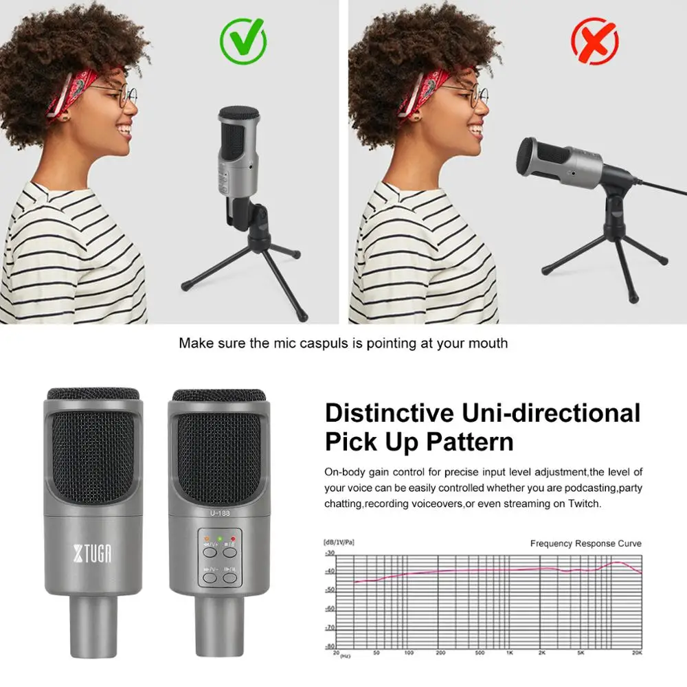 

XTUGA USB Condenser Microphone Computer Mic Built-In Monitor,Intelligent Noise Reduction Function and Control K-song APP Effect