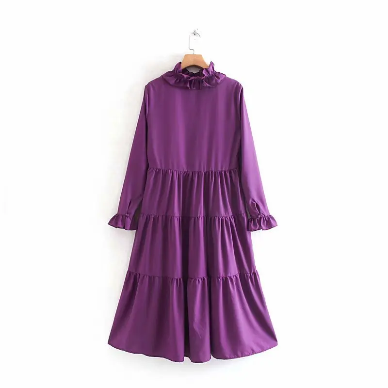2019 женское осеннее платье со стоячим воротником и длинными рукавами фиолетовое