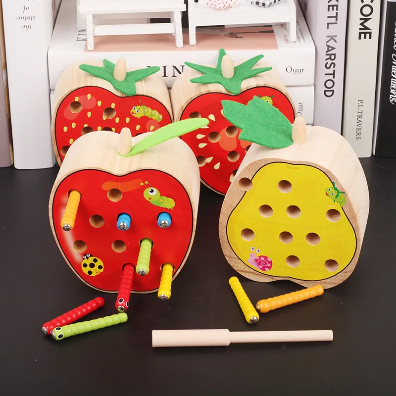 

Montessori Puzzle Toys 3D Cognitive Strawberry Grasping Ability Wooden Toy Early Educational Puzzle Catch Worm Game Baby Toys