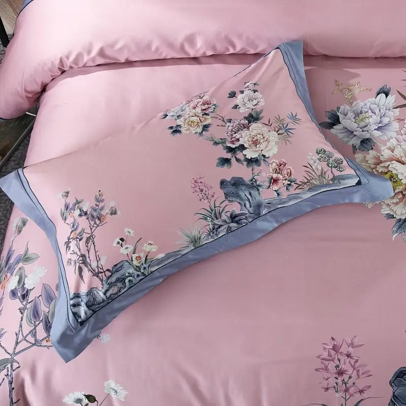 Pink Long-staple Cotton Bedding Set Chinese classical style Bed flowers Duvet Cover/sheet/pillowcase Queen/King Size | Дом и сад