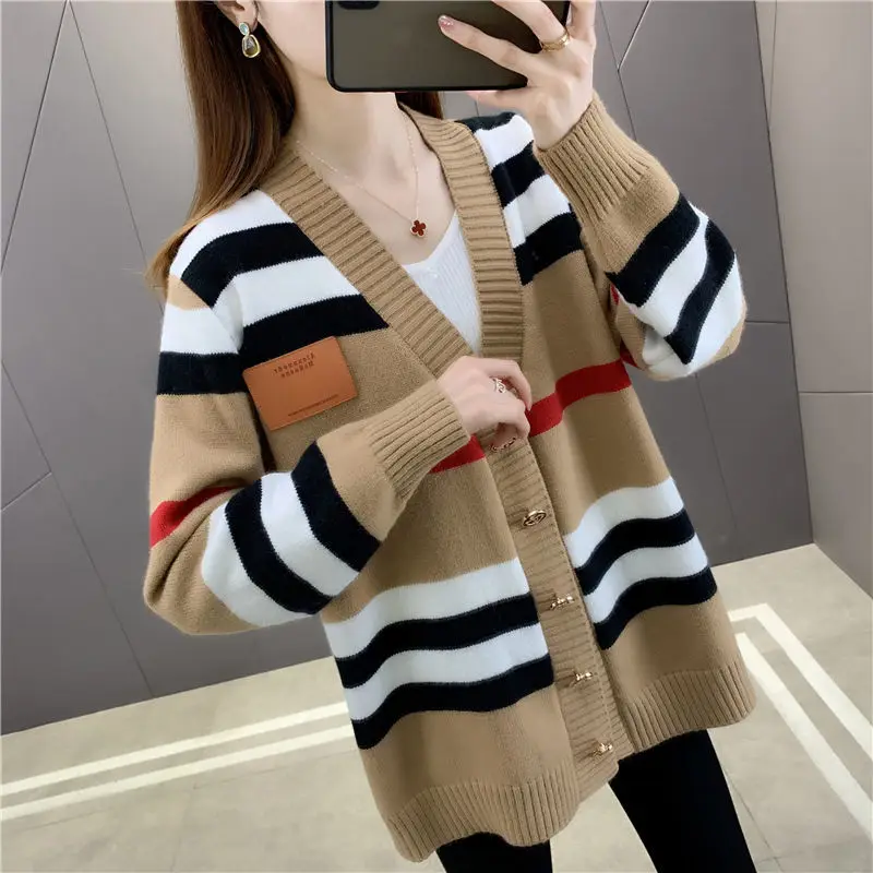 

Cardigan Coat Women's Spring Wear New Korean Loose Lazy Style Top Cashmere Sweater Top 2020 Stripe Color Contrast V-neck Knitted