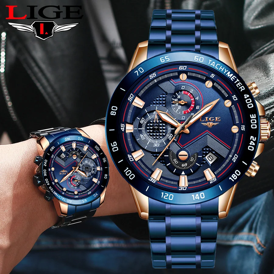 LIGE Бизнес мужской роскошный бренд часов синий Нержавеющая сталь наручные часы с