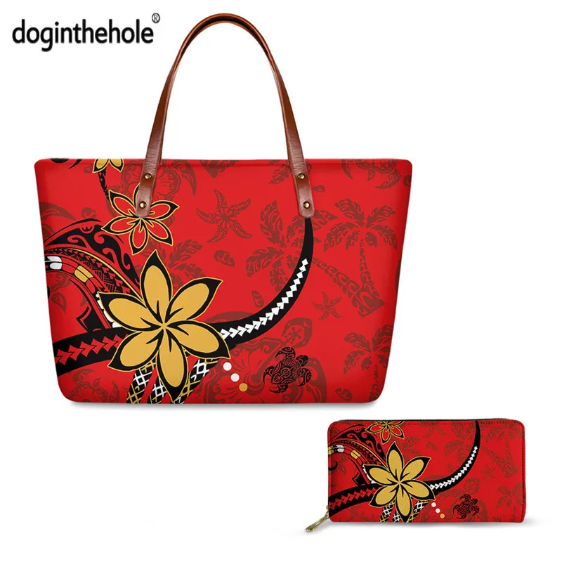 

Doginthehole Polynesian Luxury Shoulder Bags And Purses Set For Women Sea Turtle Plumeria Fashion Large Ladies Totes Flower Sac