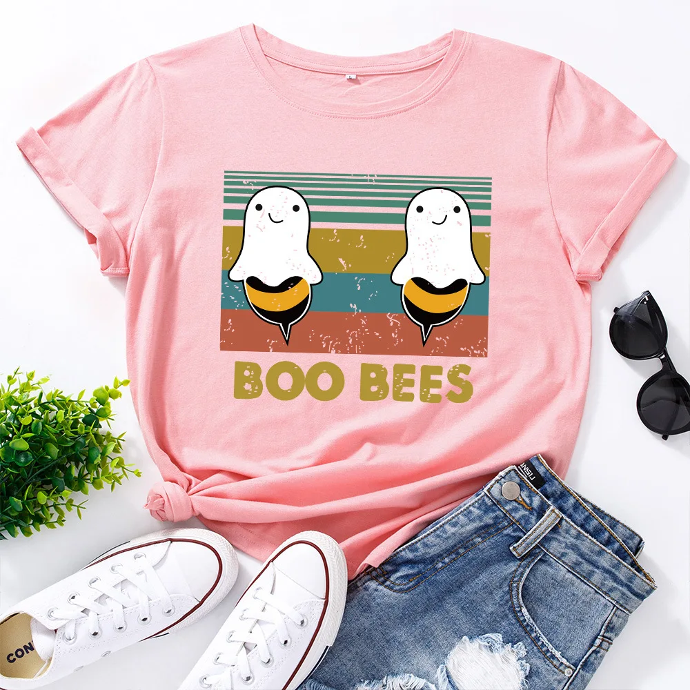 

WK Graphic T Shirts for Women Cotton Short Sleeve Tee Female Shirt Tops Summer Casual Print Clothes Gifts Funny Cute Boo Bees