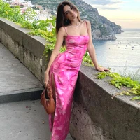 sexy sling printing dress backless lace up slimming robe sleeveless casual high split vestidos streetwear new arrivals 2 colors