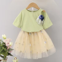 summer clothing set t shirtmesh skirt 2pcs flower decoration baby girl clothes kid clothes children clothes