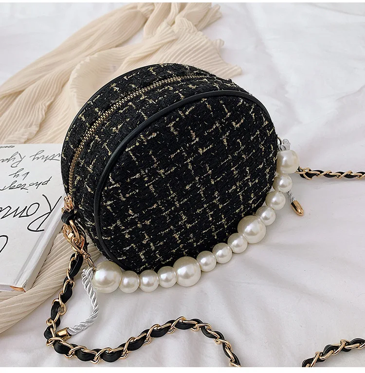 bolsos модные женские сумки-почтальон, круглая сумка на плечо, дизайнерская сумка через плечо, твидовые сумки для женщин, жемчужное колье, сумка