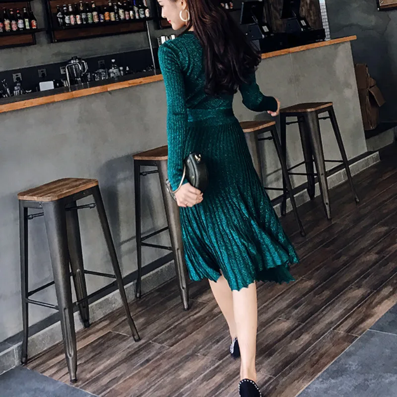 Gaganight элегантное женское облегающее платье с люрексом длинные рукава v образный