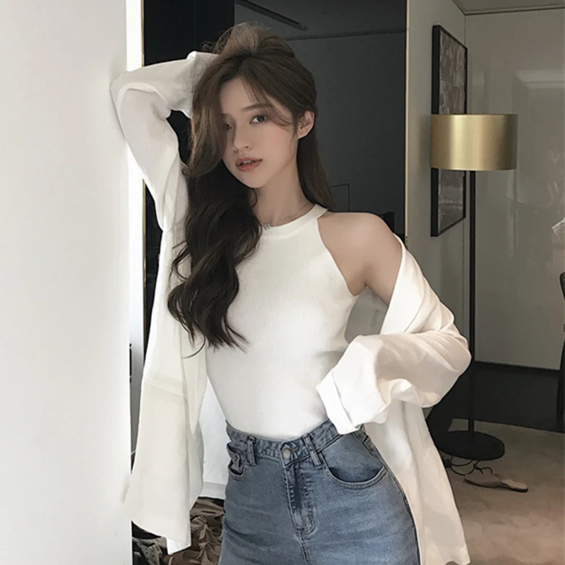 Летняя женская Трикотажная майка без рукавов трикотажная кофточка короткий