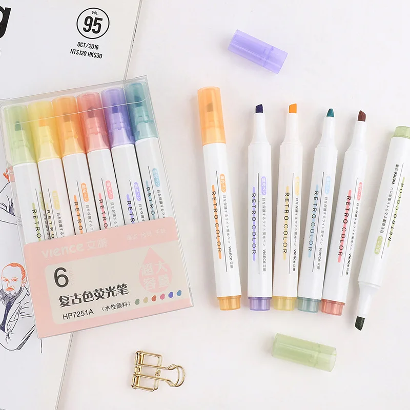 

6pcs/set Vintage Color Macaron Hand Account Student Girls Kawaii Tip Highlighter Set Office Stationery Color Markers Journal