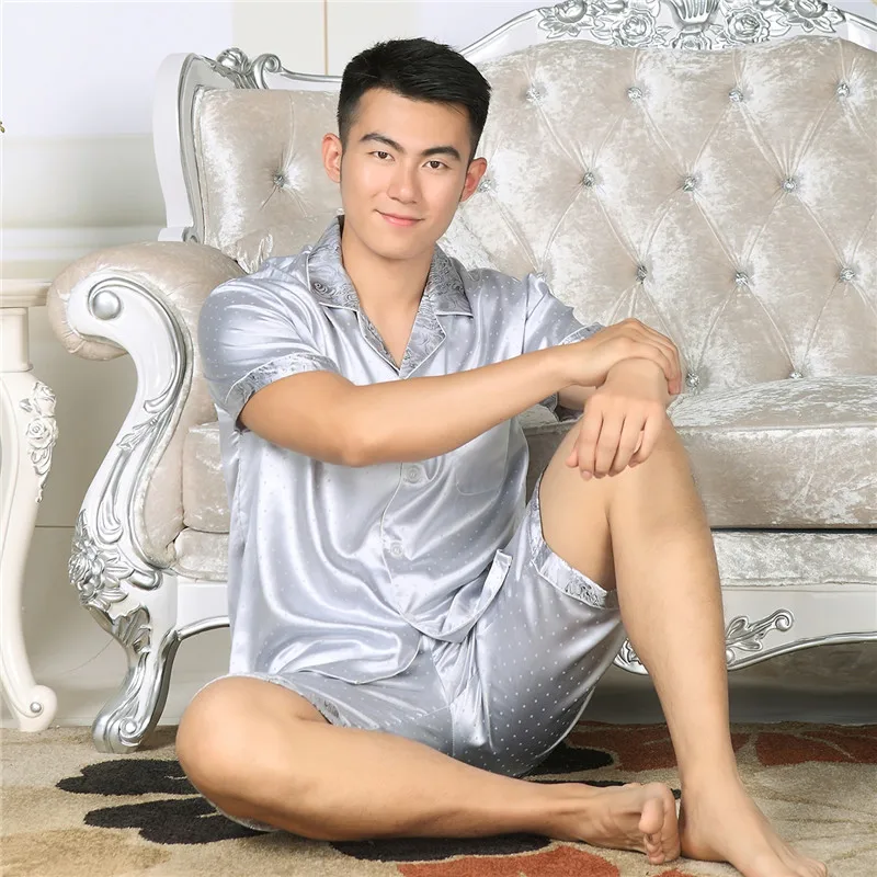 Мужские пижамные комплекты атласные шелковые пижамы футболки + шорты для