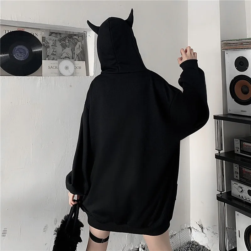 

2021 Spring Autumn Women Harajuku Punk Gothic Girls Black Devil Horn Hoodies Sweatshirt Hooded Japanese Hip Pop Plus Size