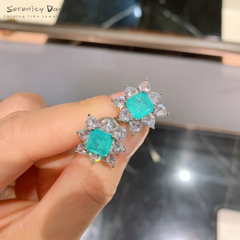 

Serenity Day 7*7mm Square Paraiba Tourmaline Emerald Stud Earrings Sparkling Simulation Diamond Earrings For Women Party Jewelry