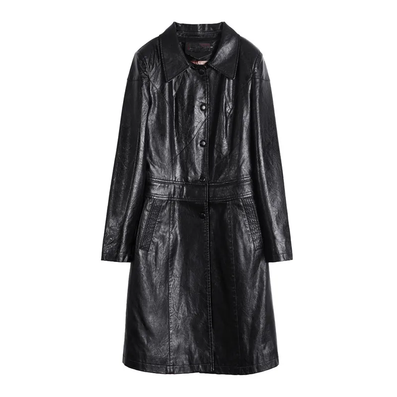 2022 Elegant Women PU Leather Trench Coat 5XL Fashion Women Spring Autumn Leather Long Coat enlarge