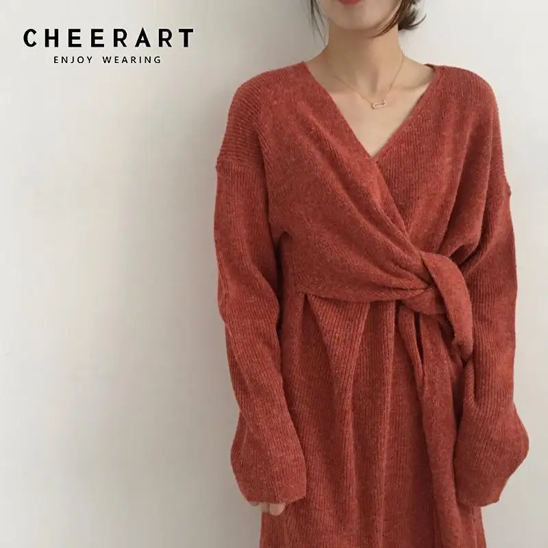 Платье-Свитер Cheerart, женское платье с глубоким v-образным вырезом, вязаное платье на шнуровке с длинным рукавом, корейское вязаное платье, зимняя одежда