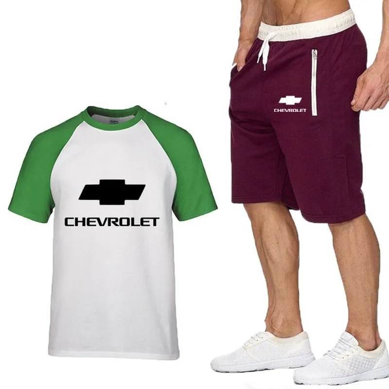 

New 2020 Summer for Chevrolet Car Logo High Quality Cotton Crew neck Short Sleeve Mens T-Shirt Pants Suit 2Pcs K