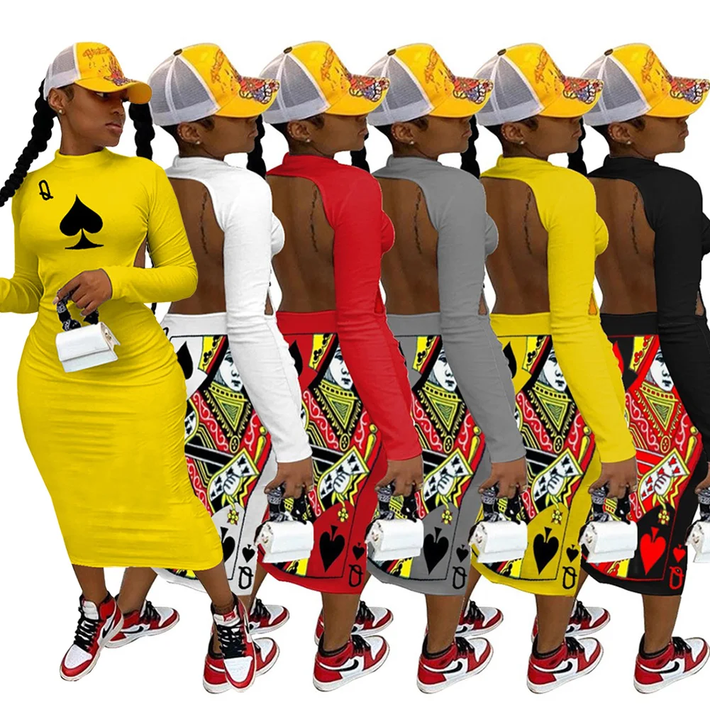 

Printed Poker Q Spades Fall Midi Dress Women Long Sleeve Dress Sexy Backless Long Dress Party Night Club Plus Size Elestic Dress
