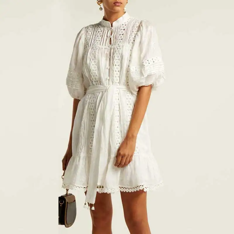 Женское мини-платье с вышивкой GypsyLady белое летнее платье пышными рукавами и