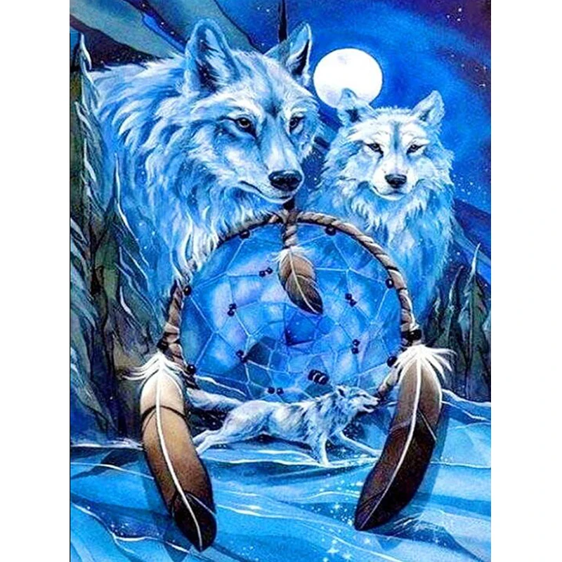 

New DIY diamond painting cross stitch Indian wolf Dreamcatcher 3D full diamond embroidery feather rhinestone mosaic decoration