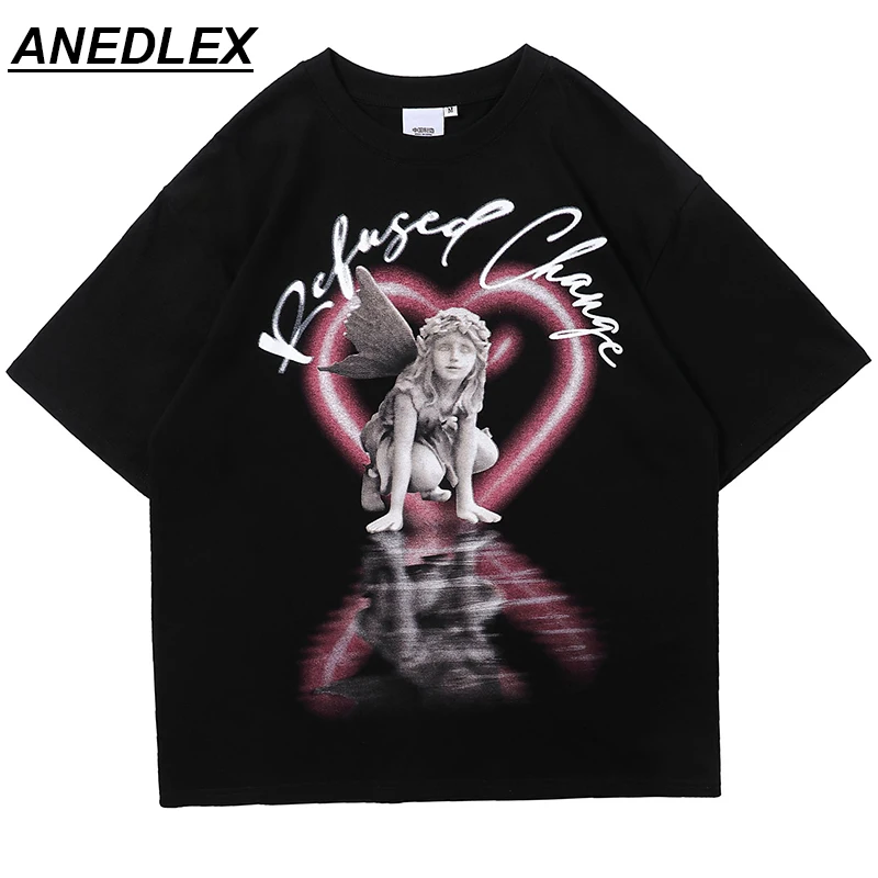 

Hip Hop Streetwear T-Shirt Girl Statue Heart Letter Print T Shirt 2022 Men Harajuku Cotton Loose Tshirt Summer Short Sleeve Tops