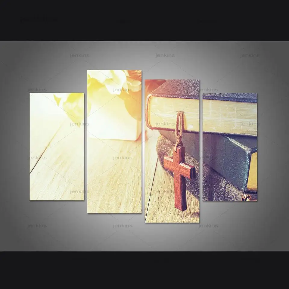 

Wall Pictures Unframed Home Decor Living Room 4 Pieces Wooden Cross Hang Art Painting Modular Hd Printed Canvas Poster Abstract