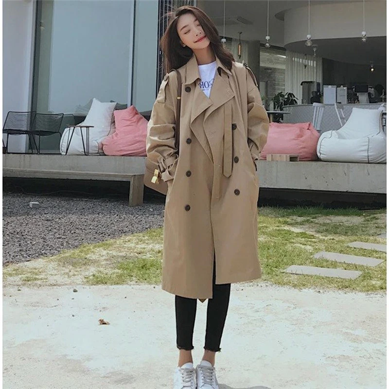 Leiouna Turn-down Zipper Long Loose Vintage Trench Female Windbreaker Women Autumn Overcoat Cloak Sashes Hiver Manteau Femme | Женская