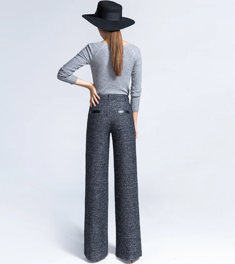 

Women Formal Straight Pants Office Lady Wide Leg Wool Trousers High Waist Woolen Flare Pants Capris Work Wear Casual Pants Thick