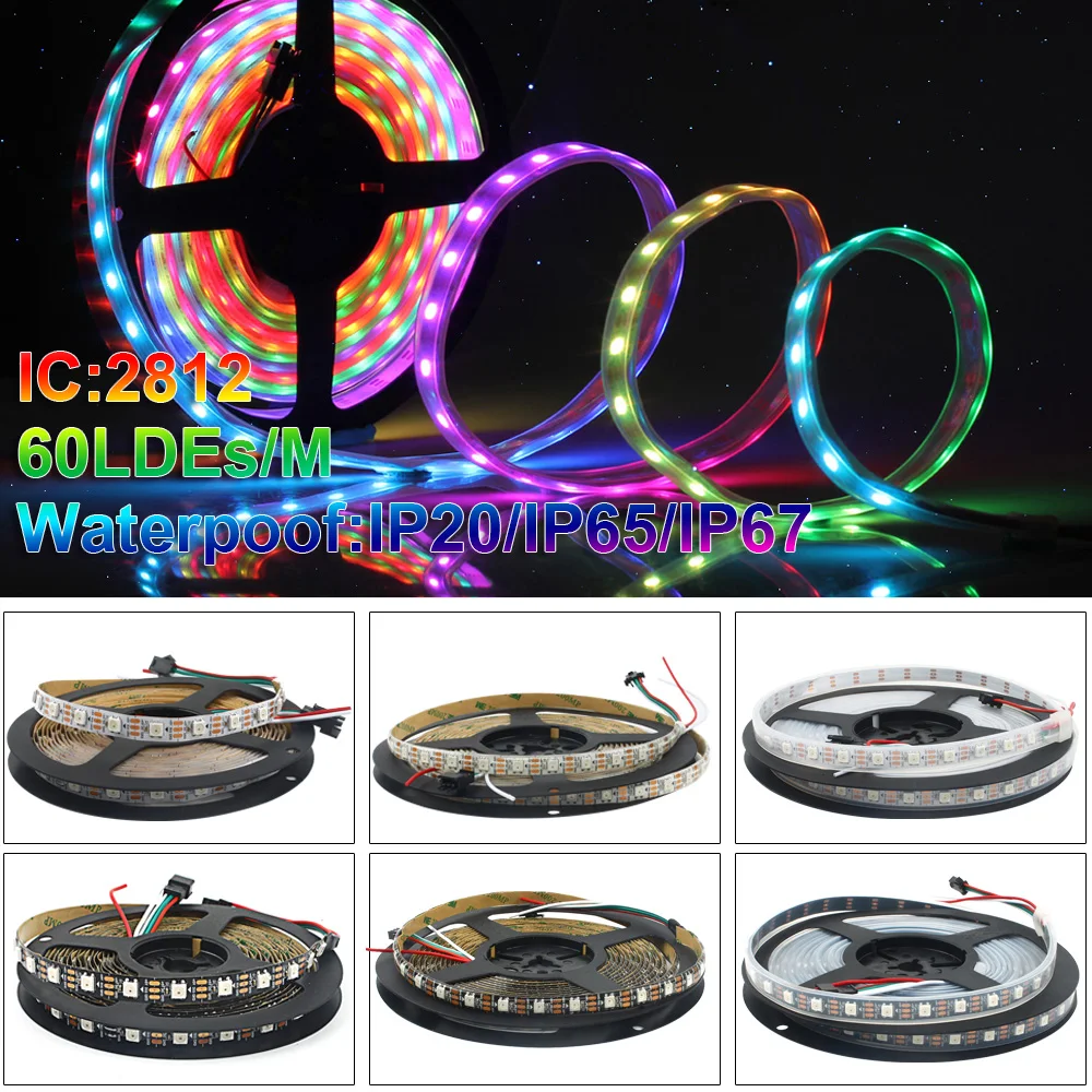 

WS2812B 5V Waterproof/Non-Waterproof LED Pixel Strip light 5M 2812 IC Built-in individually Addressable RGB Tape Lamp 60 leds/m