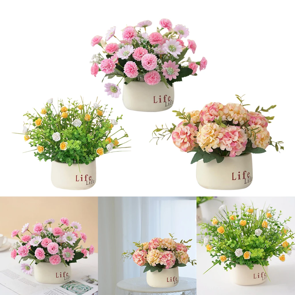 

False Fake Artificial Flower Plants Ceramics Vase with Pot Garden Decor