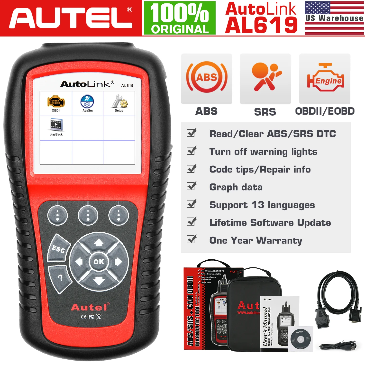 Диагностический сканер Autel Autolink AL619 автомобильный диагностический инструмент OBD2