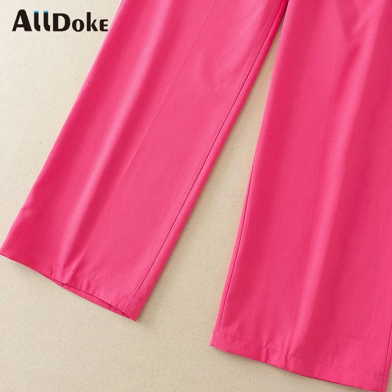 

ALLDOKE pink casual straight pants women summer high waist zipper double pockets trousers office ladies loose pants mujer