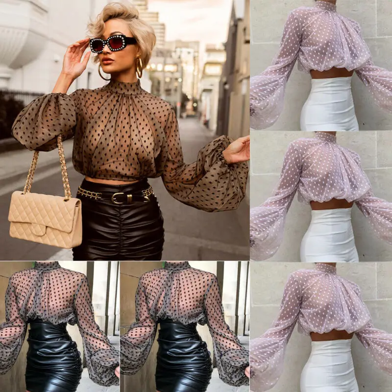 

Women Fashion Lace Ladies New Mesh Sheer See-through Long Sleeve Tops Lace Up Blouse