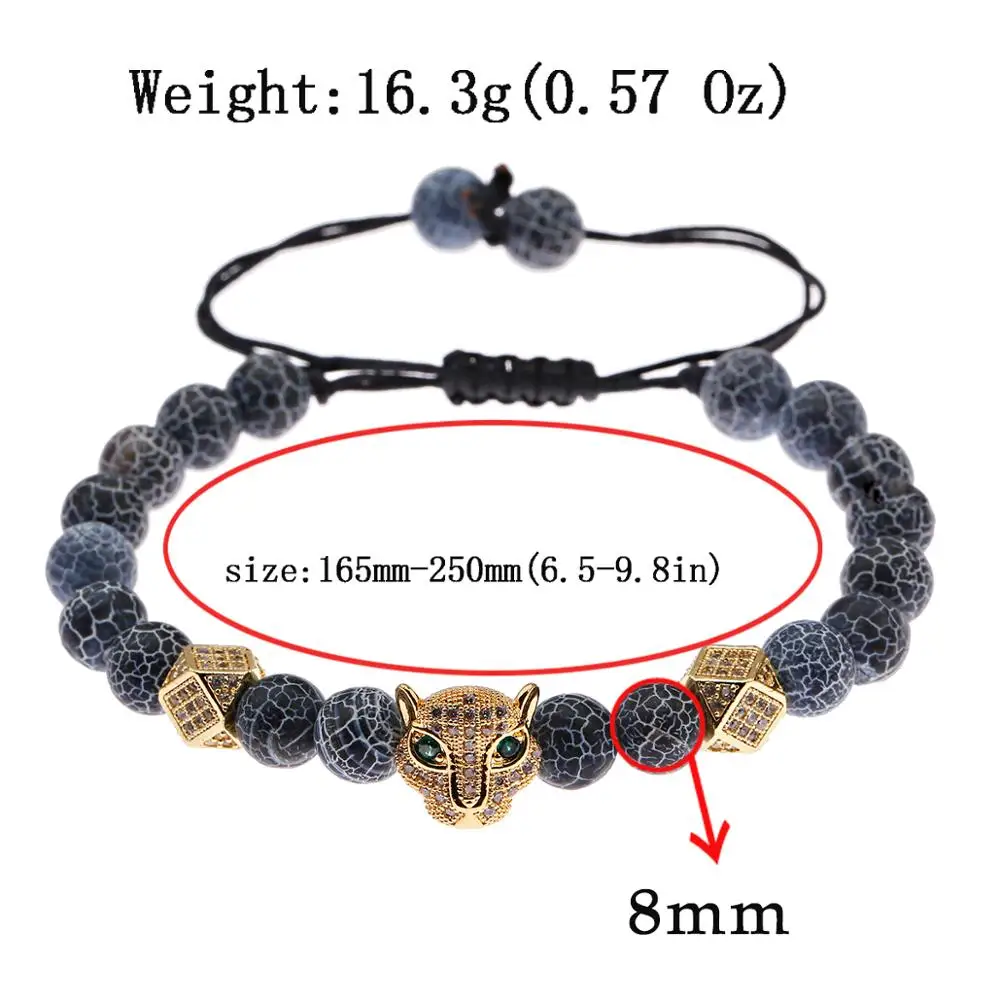 

Wholesale CZ Leopard Head Bracelet Charms Natural Stone Beaded Bracelets For Men Women Bangle Pulseras Hombre Yoga Jewelry Gift
